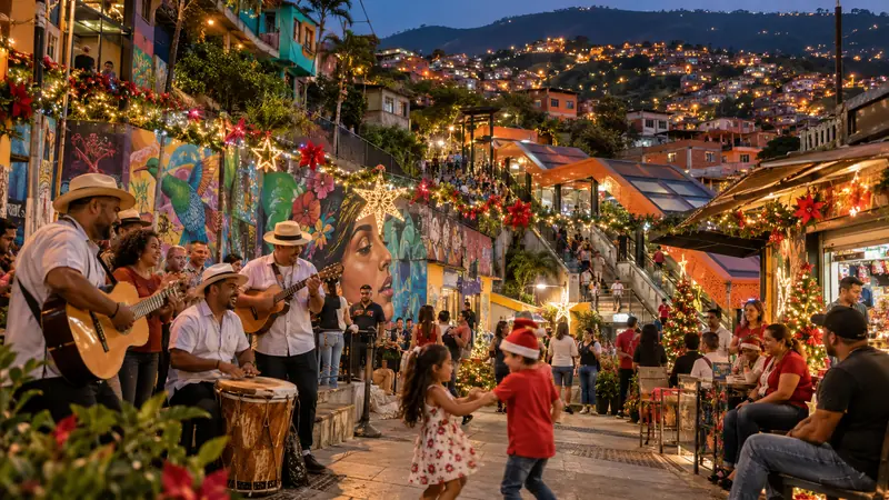 Illustration of musicians and kids dancing on a decorated Comuna 13 street