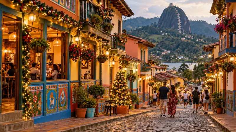 Illustration of Guatapé's decorated painted houses with El Peñol rock