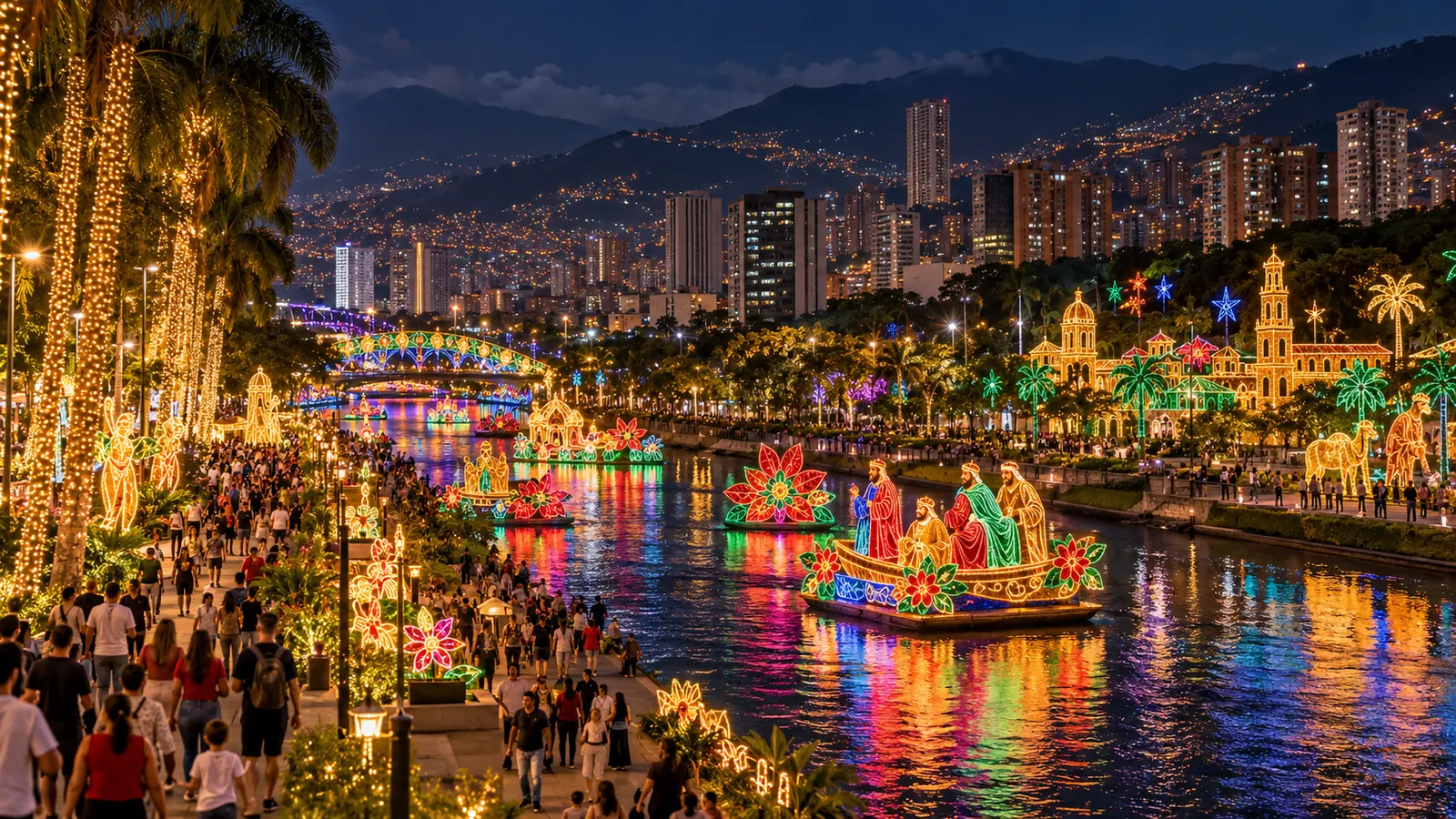 Illustration of Medellín's river lined with glowing Christmas figures at night